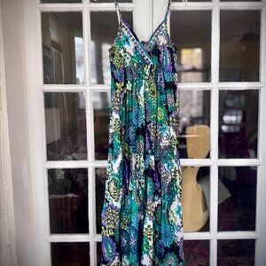 Mint Green Maxi Dress Boho Floral Green & Blue Smocked Stretch Back Sz. M